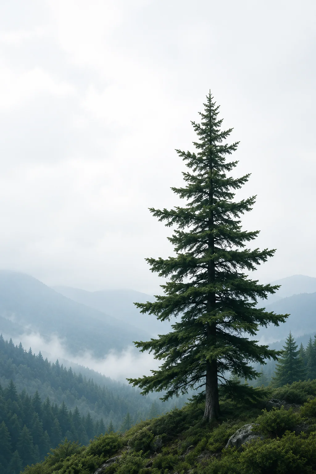 A tall cedar tree standing on a misty mountainside